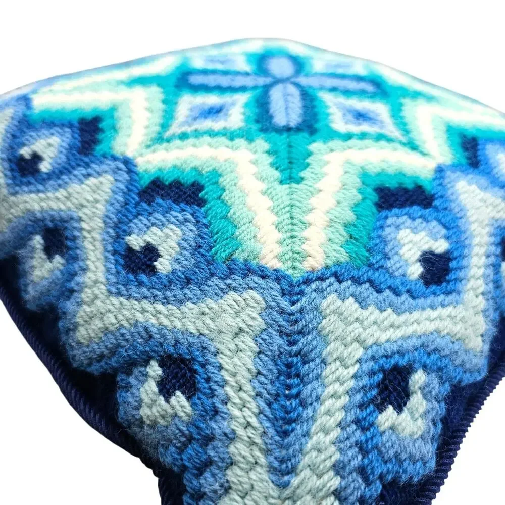 Vtg Bucilla Bargello Needlepoint Pillow Geometric Kaleidoscope 70s MCM Blue 12